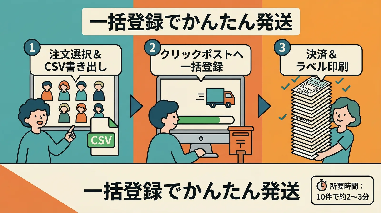 CSVエクスポートから決済・ラベル印刷までの3ステップ。注文選択からCSV書き出し、クリックポストへ一括登録、決済とラベル印刷まで10件で約2〜3分