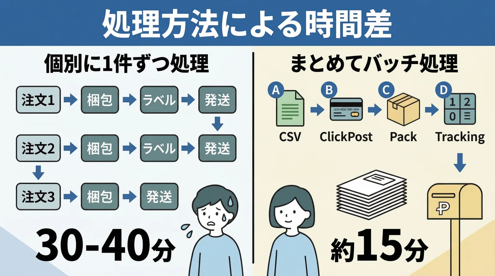 個別に1件ずつ処理すると30〜40分かかるが、CSVエクスポート・クリックポスト決済・梱包・追跡番号反映をまとめてバッチ処理すれば約15分で完了する比較図