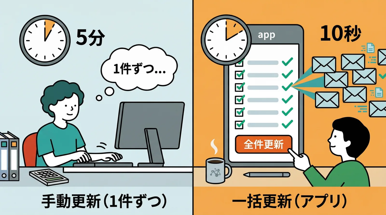 手動更新は1件ずつで5分、一括更新ならアプリで10秒。全件まとめて発送通知メールも自動送信される