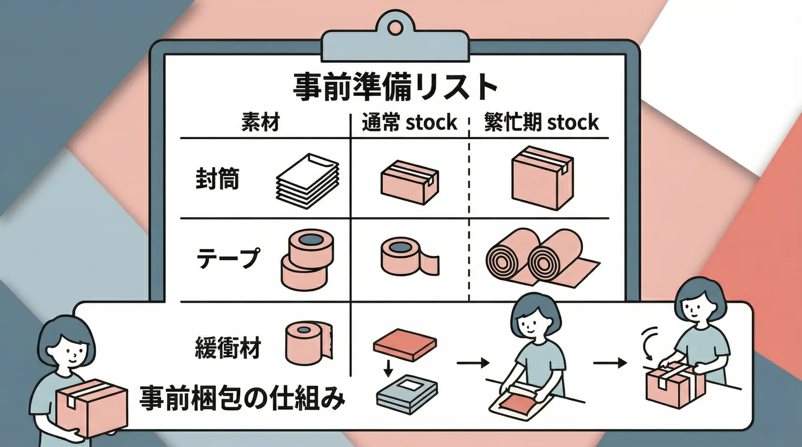 事前準備リスト。封筒・テープ・緩衝材の通常ストックと繁忙期ストックの比較、事前梱包の仕組み