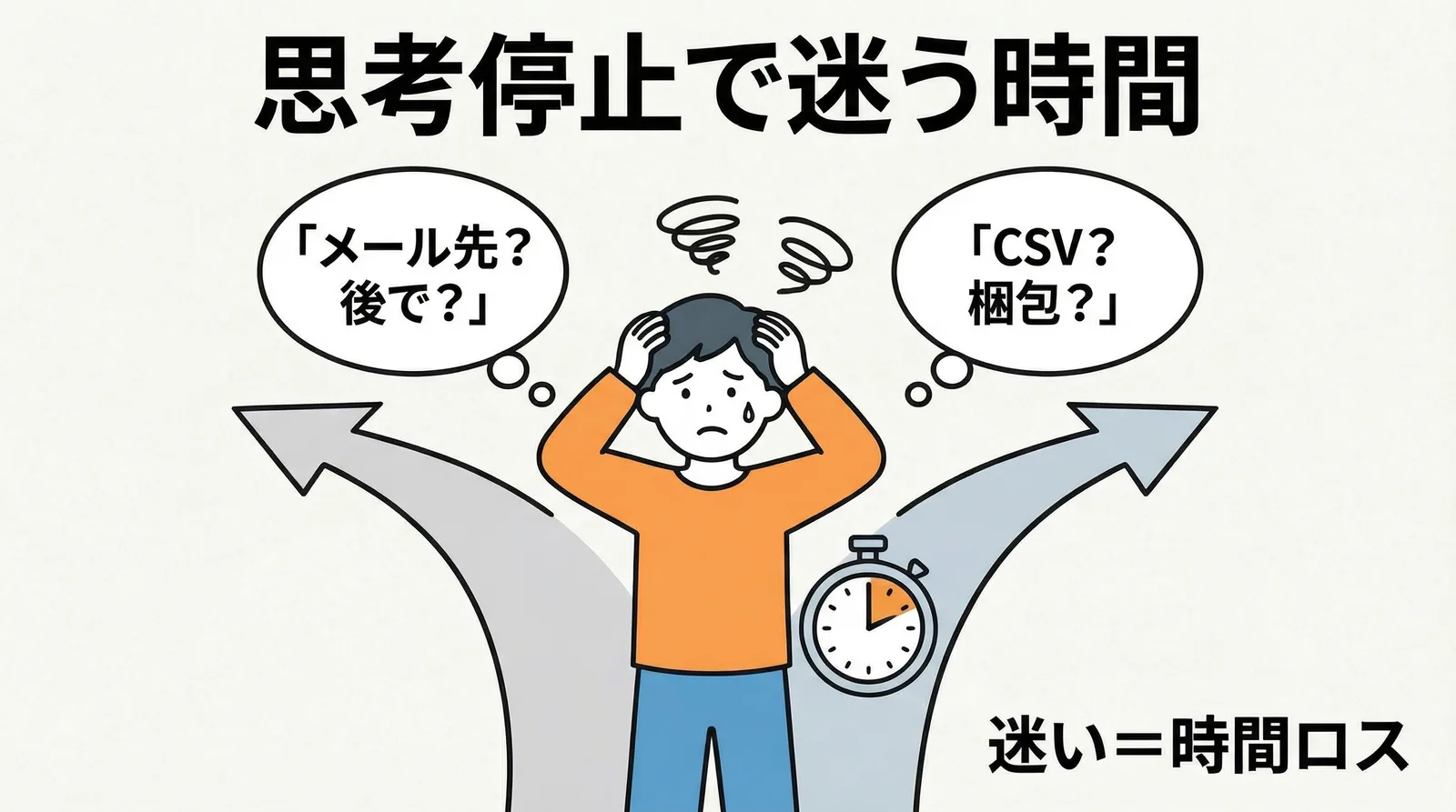 「メール先？後で？」「CSV？梱包？」と迷う時間がそのまま時間ロスになる