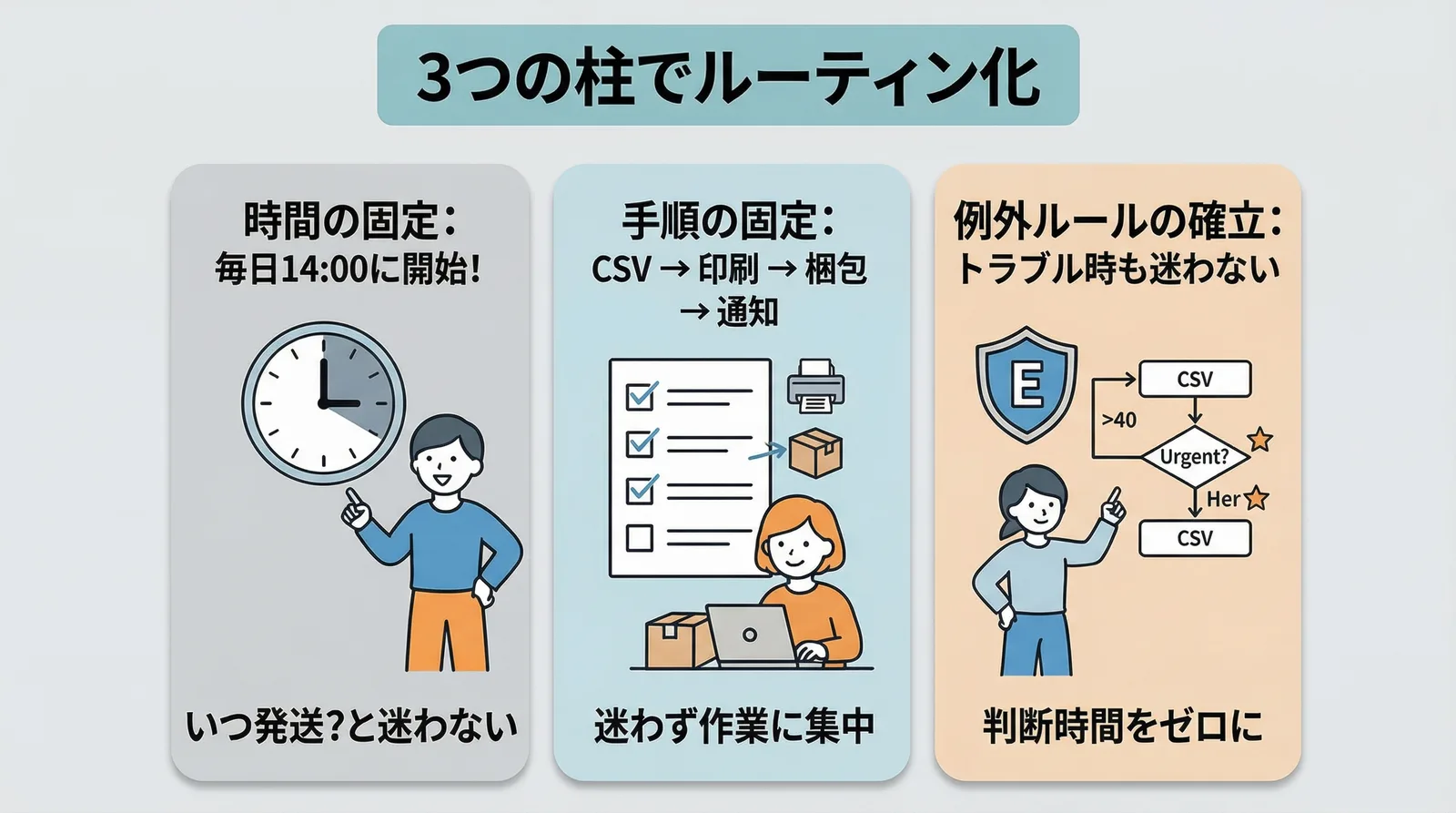 3つの柱でルーティン化。時間の固定（毎日14:00に開始）、手順の固定（CSV→印刷→梱包→通知）、例外ルールの確立（トラブル時も迷わない）