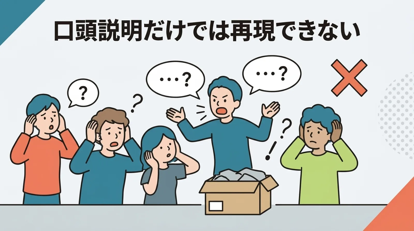 口頭説明だけでは再現できない。複数人が混乱している様子