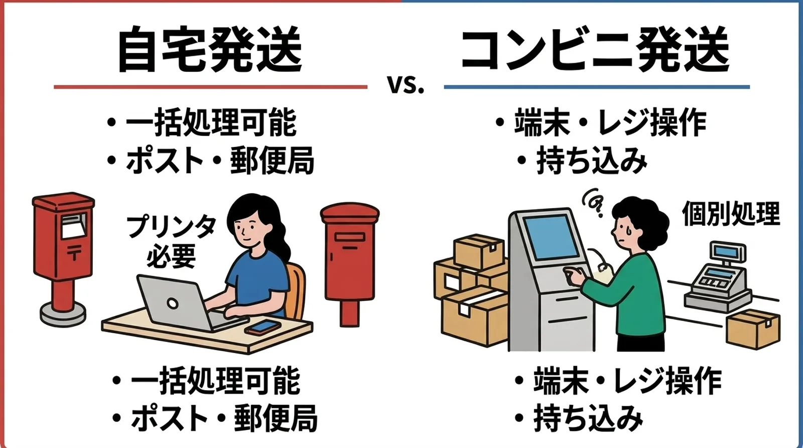 自宅発送とコンビニ発送の比較。自宅発送は一括処理可能でポスト・郵便局から出せるがプリンタが必要。コンビニ発送は端末・レジ操作が必要で個別処理になる