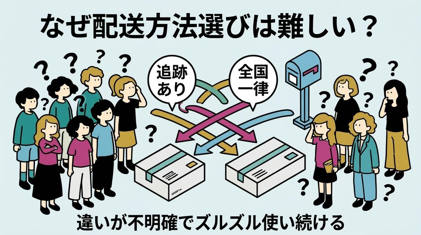 なぜ配送方法選びは難しいのか。追跡あり・全国一律など似た特徴が多く、違いが不明確でズルズル使い続けてしまう