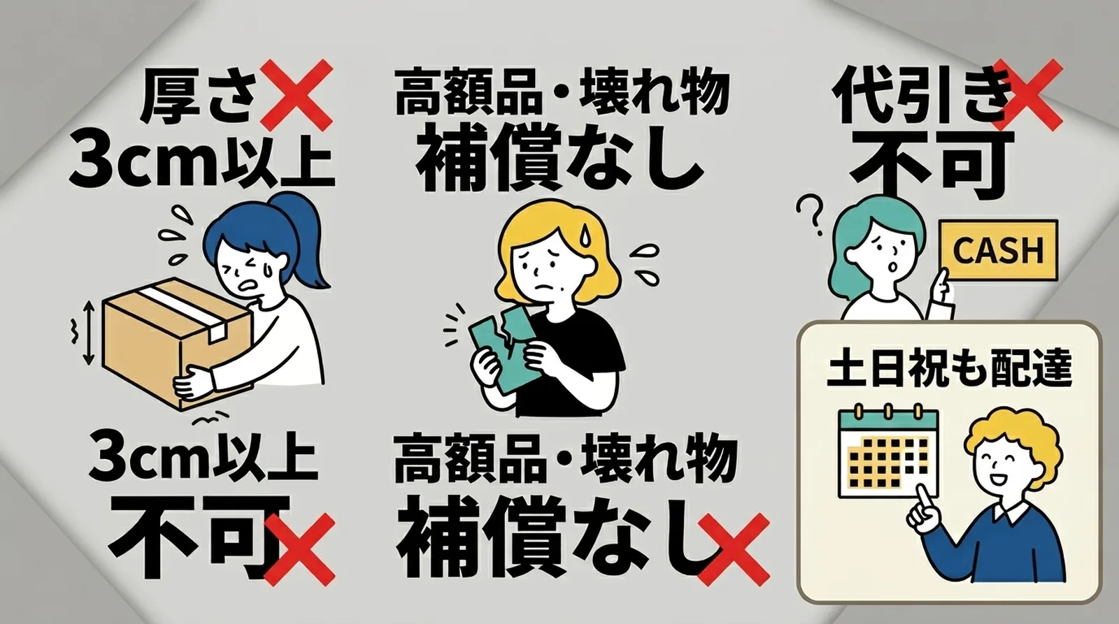 クリックポストの制約。厚さ3cm以上は不可、高額品・壊れ物は補償なし、代引きは不可