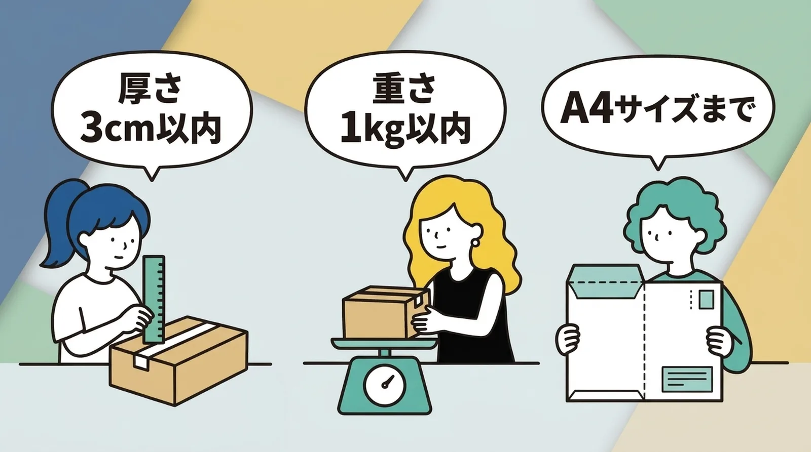 クリックポストのサイズ条件。厚さ3cm以内、重さ1kg以内、A4サイズまでの3つの基準