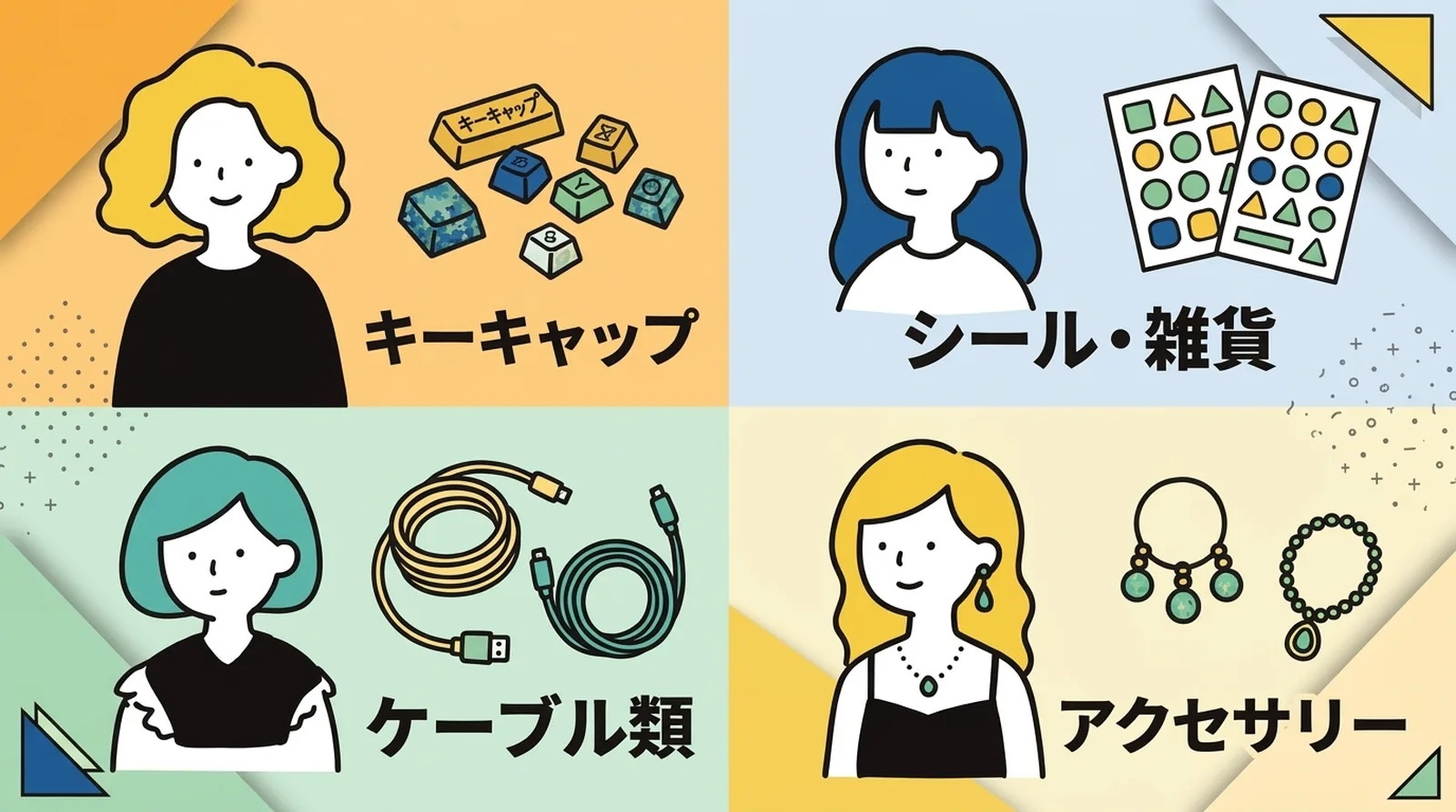 クリックポストと相性がいい商品。キーキャップ、シール・雑貨、ケーブル類、アクセサリーの具体例