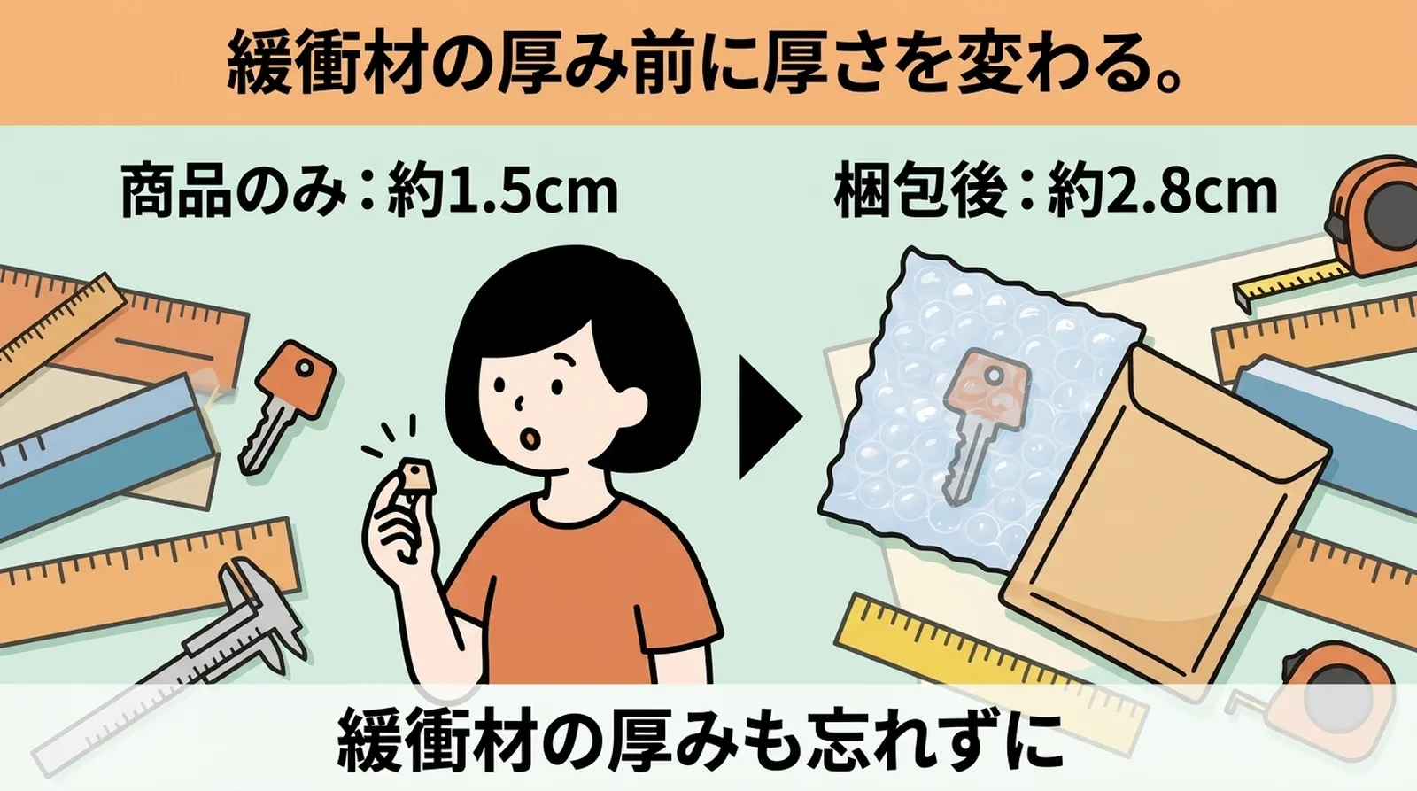 緩衝材の厚み比較。プチプチ約3mm、薄型エアパッキン約2mm、ミラーマット約1mm。商品の素材や脆さに合わせて選ぶ