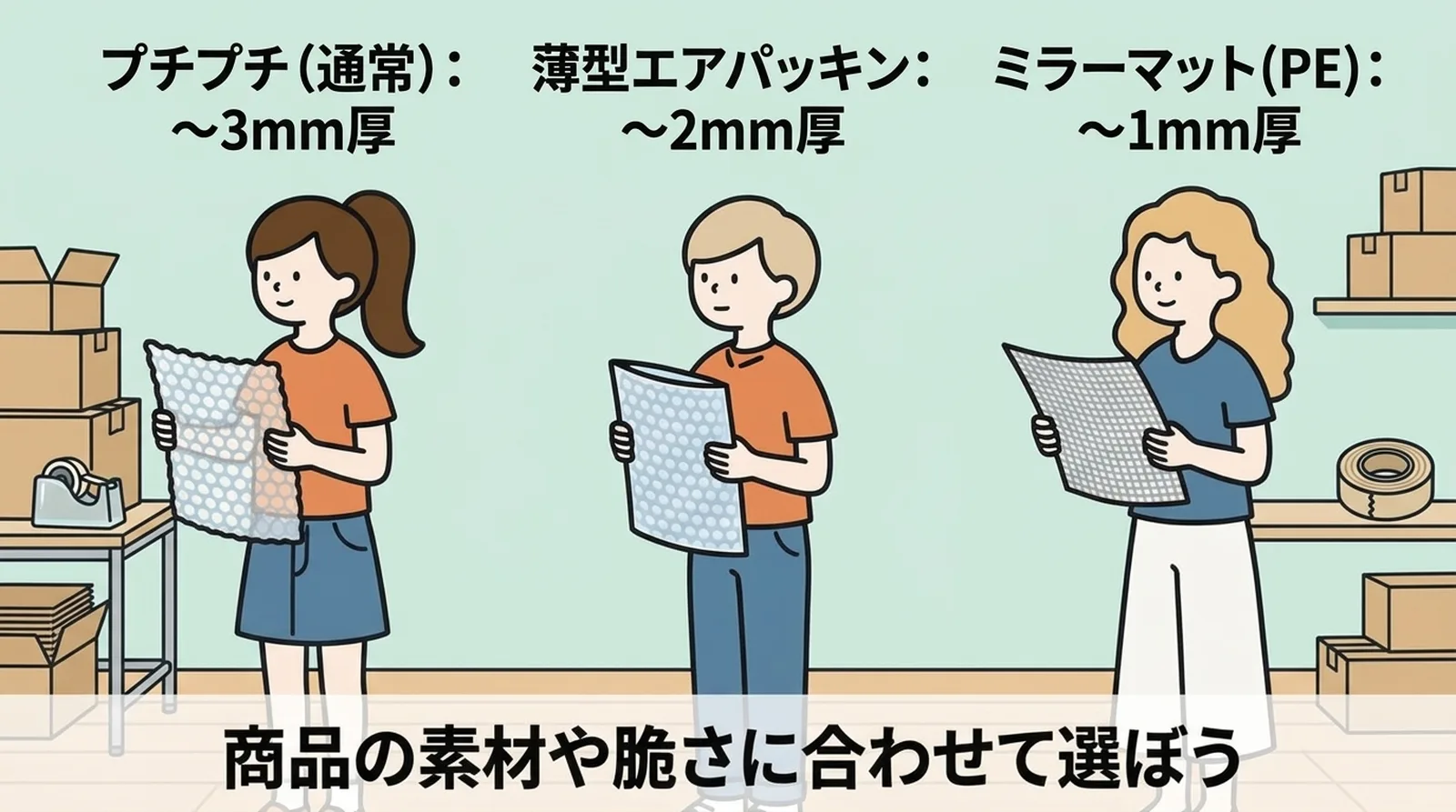 緩衝材の厚みで梱包後の厚さが変わる。商品のみ約1.5cmでも梱包後は約2.8cmに