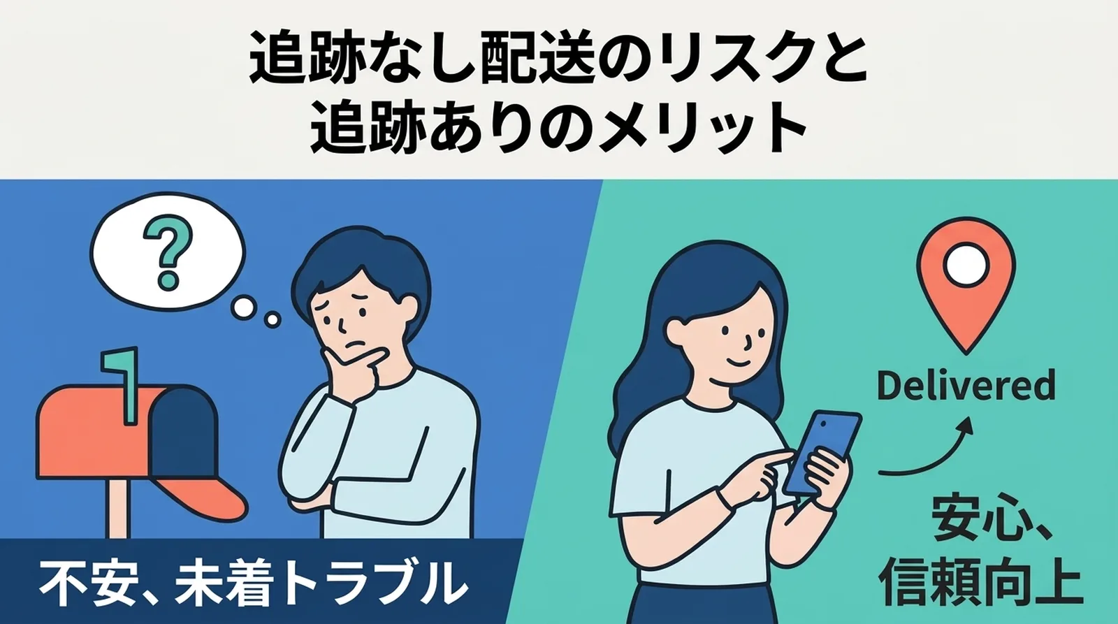 追跡なし配送のリスクと追跡ありのメリット。追跡なしでは不安や未着トラブルが発生し、追跡ありなら安心と信頼向上につながる