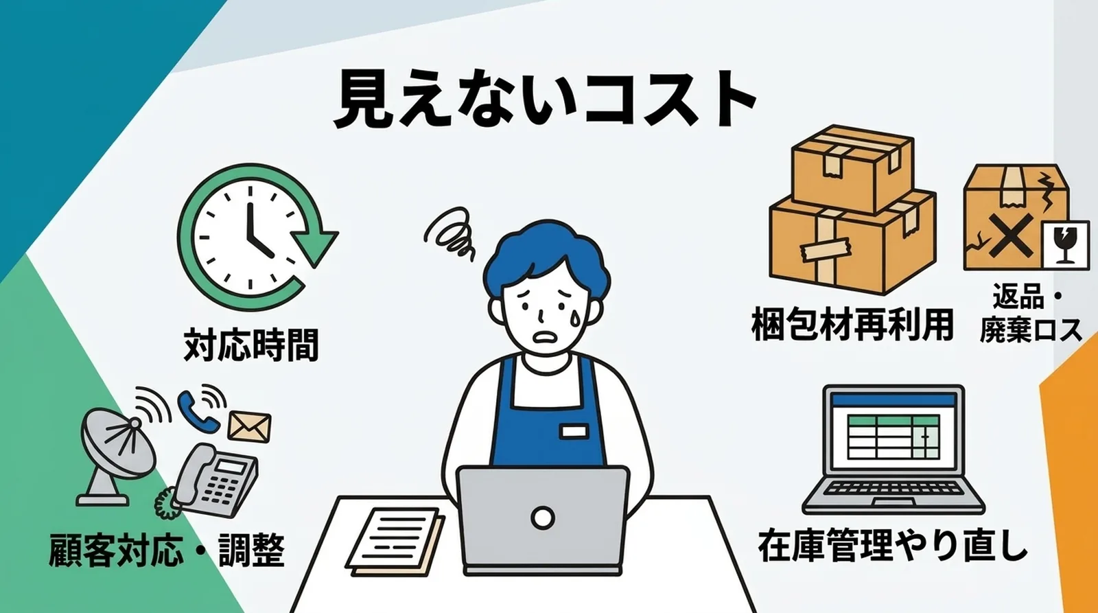 返品対応の見えないコスト。対応時間、顧客対応・調整、梱包材再利用、返品・廃棄ロス、在庫管理やり直し