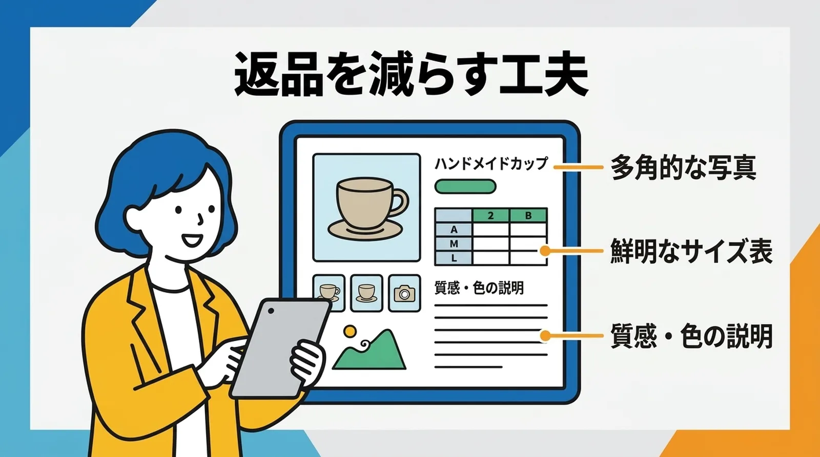 返品を減らす工夫。多角的な写真、鮮明なサイズ表、質感・色の説明で商品ページを充実させる