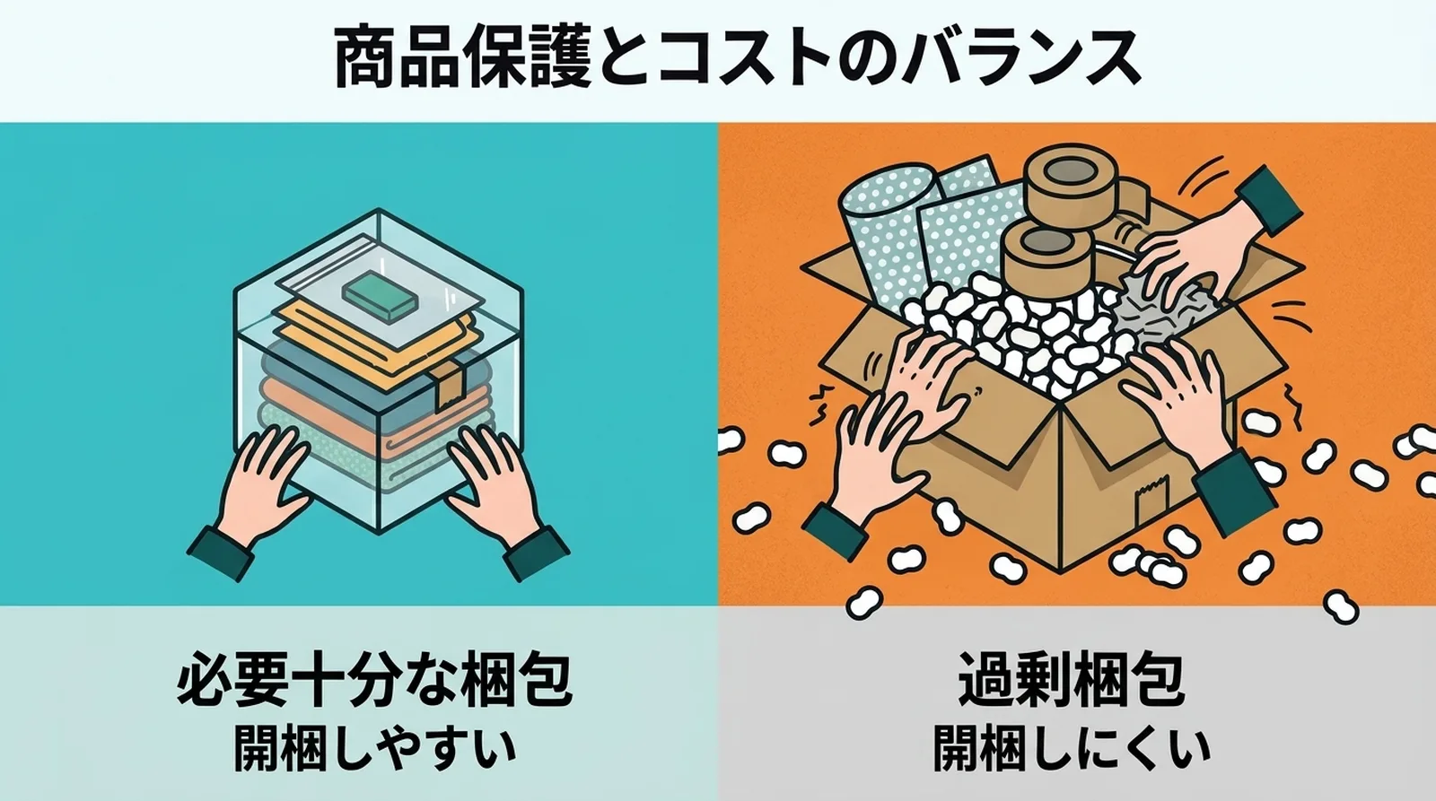商品保護とコストのバランス。必要十分な梱包は開封しやすく、過剰梱包は開梱しにくい