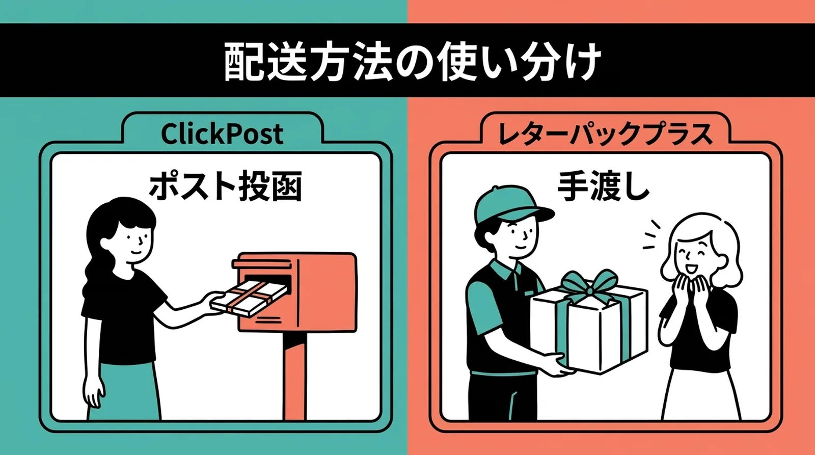 配送方法の使い分け。クリックポストはポスト投函、レターパックプラスは対面手渡し