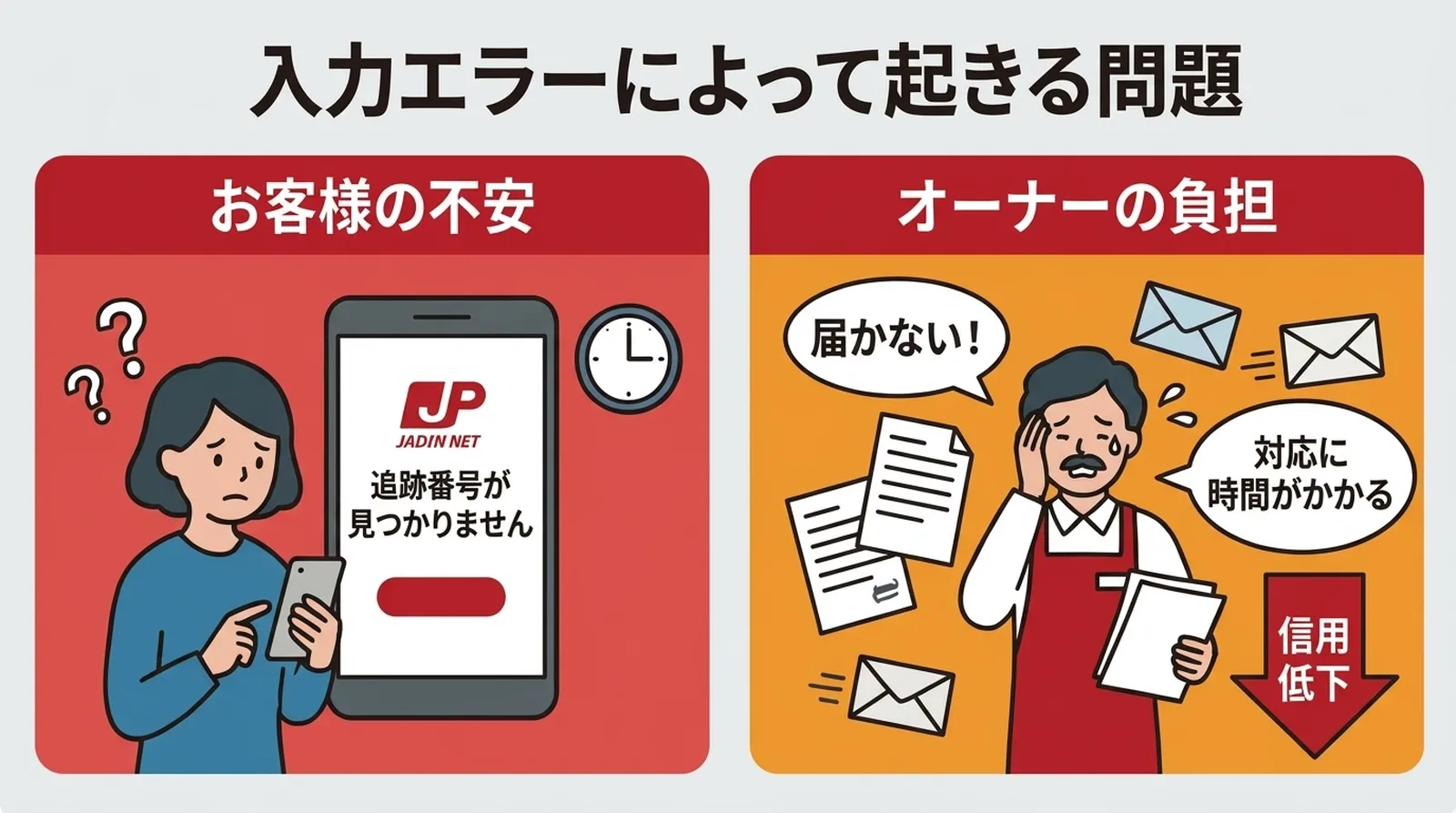 入力エラーによって起きる問題。お客様は追跡番号が見つからず不安に、オーナーは対応に時間がかかり信用低下