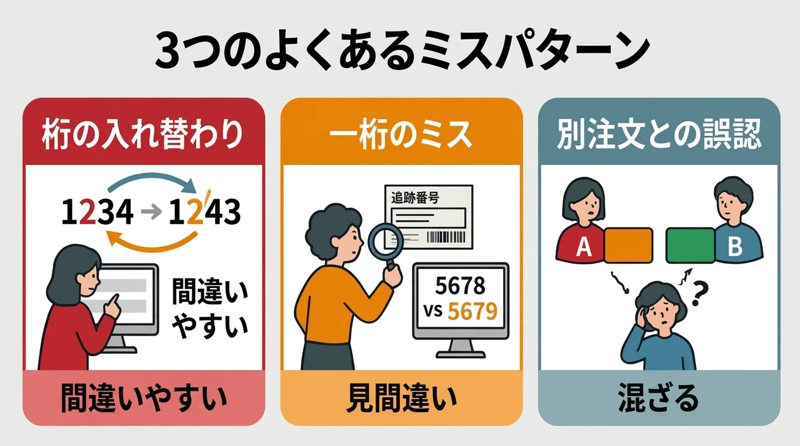 3つのよくあるミスパターン。桁の入れ替わり、一桁のミス（見間違い）、別注文との誤認