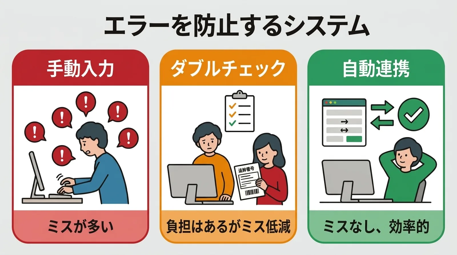 エラーを防止するシステム。手動入力はミスが多く、ダブルチェックで低減、自動連携でミスなし・効率的