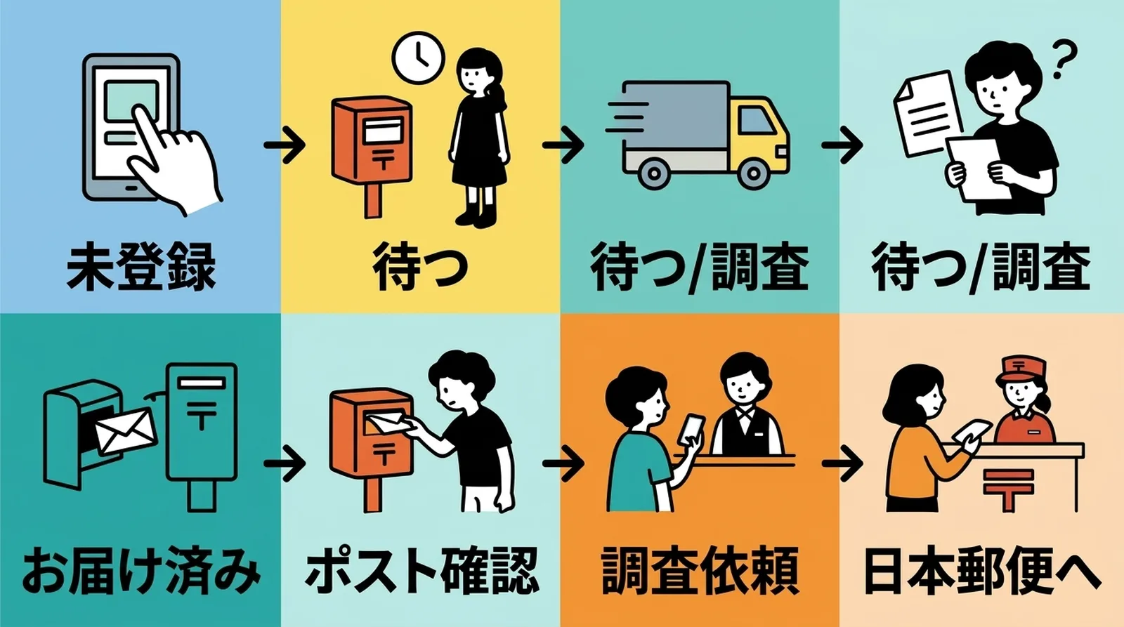 追跡ステータス別の対応フロー。未登録→待つ、配送中→待つ/調査、お届け済み→ポスト確認、不明→日本郵便へ調査依頼