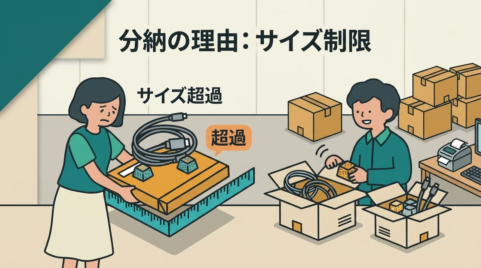 分納の理由：サイズ制限。クリックポストの厚さ3cm・1kg制限を超えるまとめ買い注文は分割して発送