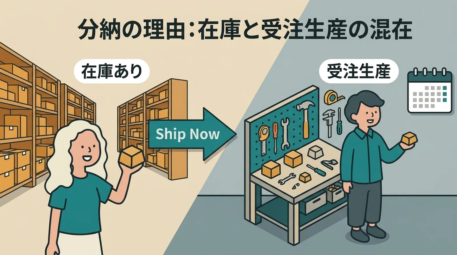 分納の理由：在庫と受注生産の混在。在庫ありの商品を先に発送し、受注生産品は後日発送