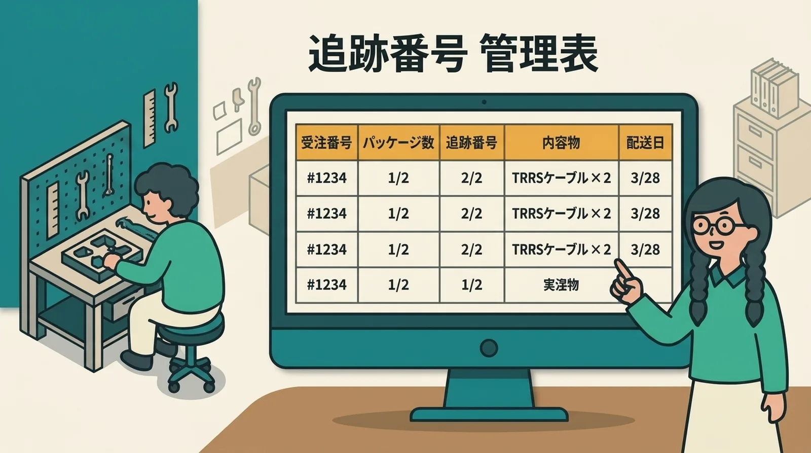 追跡番号管理表。受注番号・パッケージ番号・追跡番号・内容物・配送日を一覧で管理