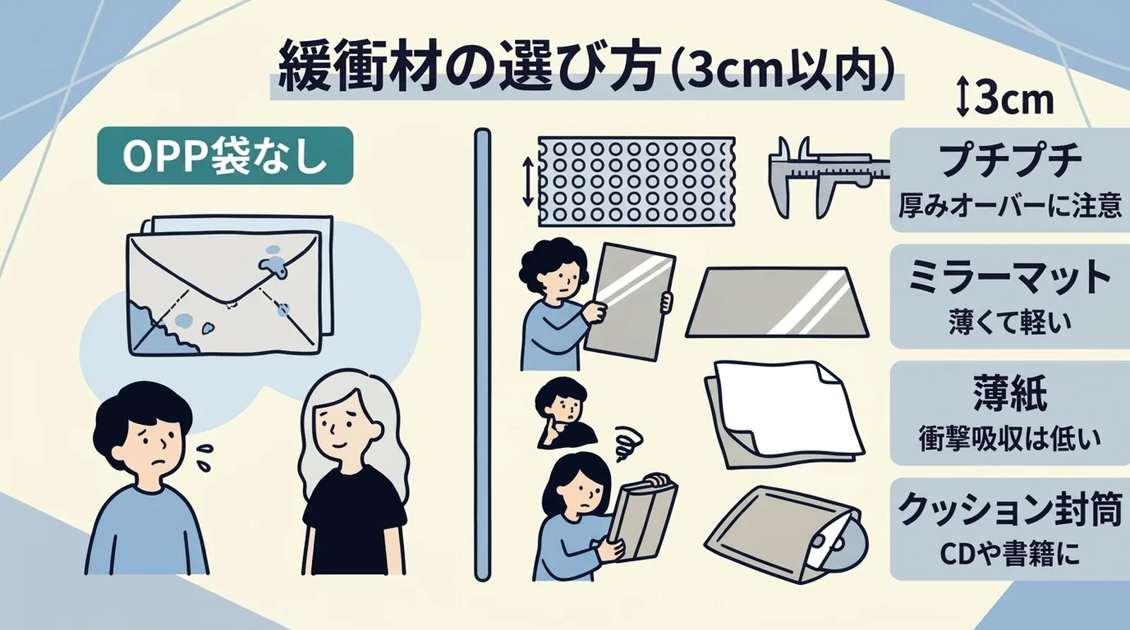緩衝材の選び方（3cm以内）。プチプチは厚みオーバーに注意、ミラーマットは薄くて軽い、薄紙は衝撃吸収は低い、クッション封筒はCDや書籍に