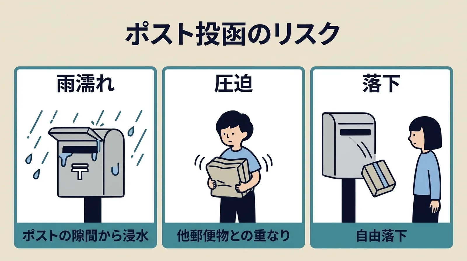 ポスト投函のリスク。雨濡れはポストの隙間から浸水、圧迫は他郵便物との重なり、落下はポストからの自由落下