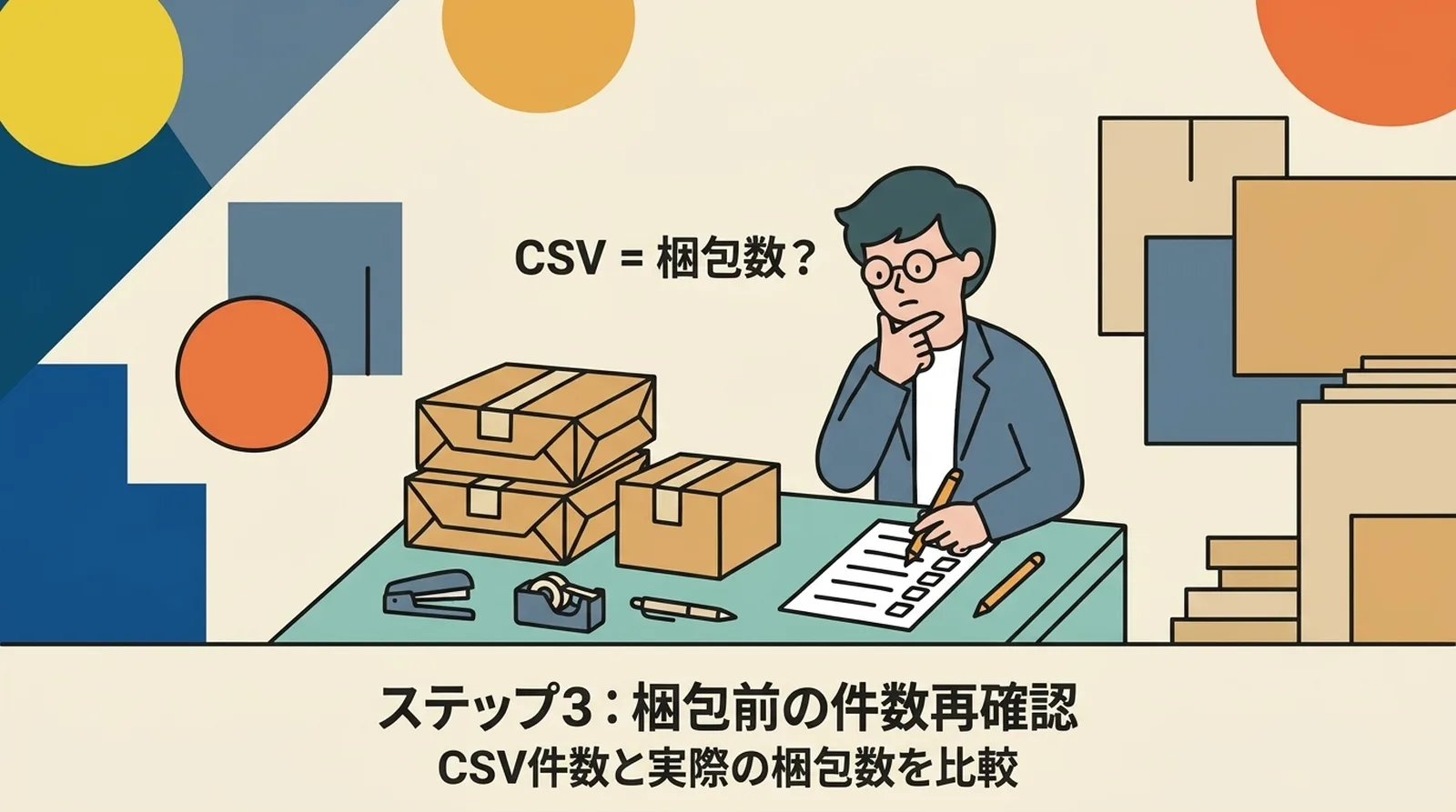 ステップ3：梱包前の件数再確認。CSV件数と実際の梱包数を比較して差分がないか確認