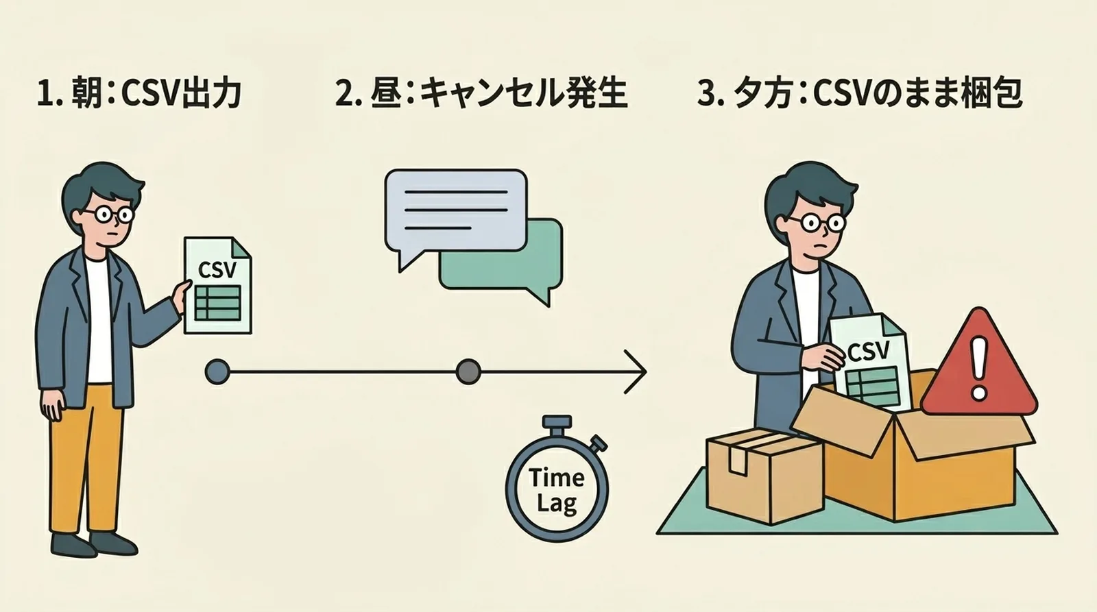 タイムラグの問題。朝にCSV出力→昼にキャンセル発生→夕方にCSVのまま梱包してしまう
