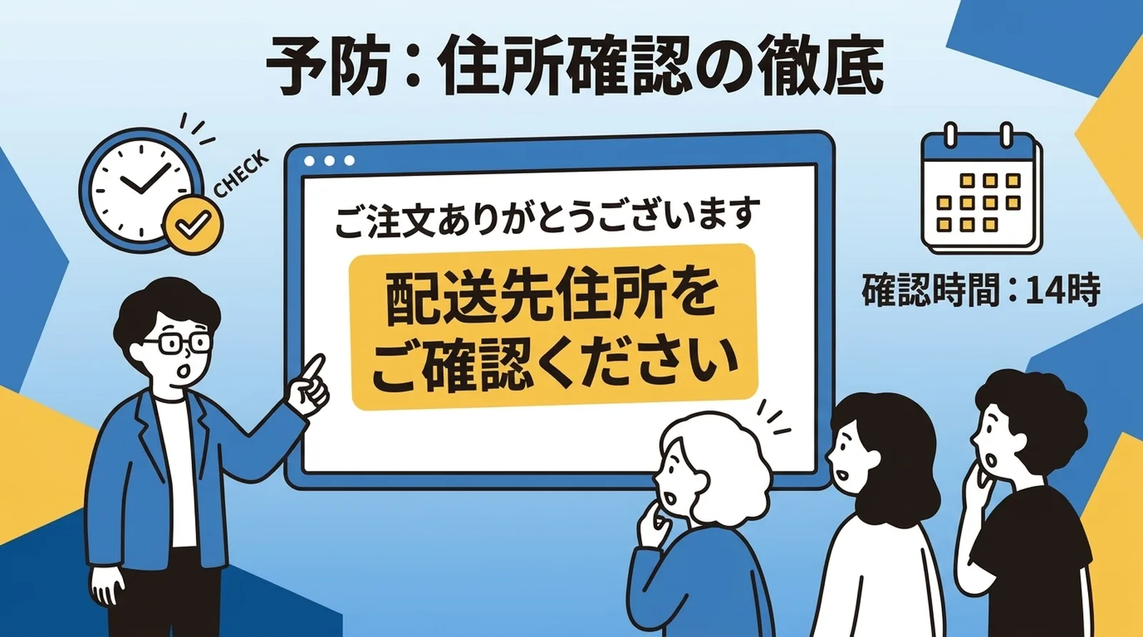 予防：住所確認の徹底。注文確認メールで配送先住所の確認を依頼し、発送前に確認時間を設ける