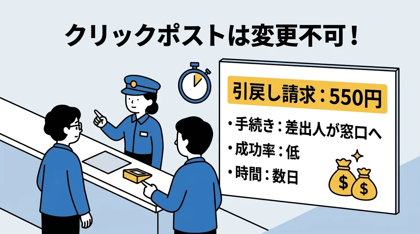 クリックポストは発送後の変更不可。引戻し請求は550円、手続きは差出人が窓口へ、成功率は低く数日かかる