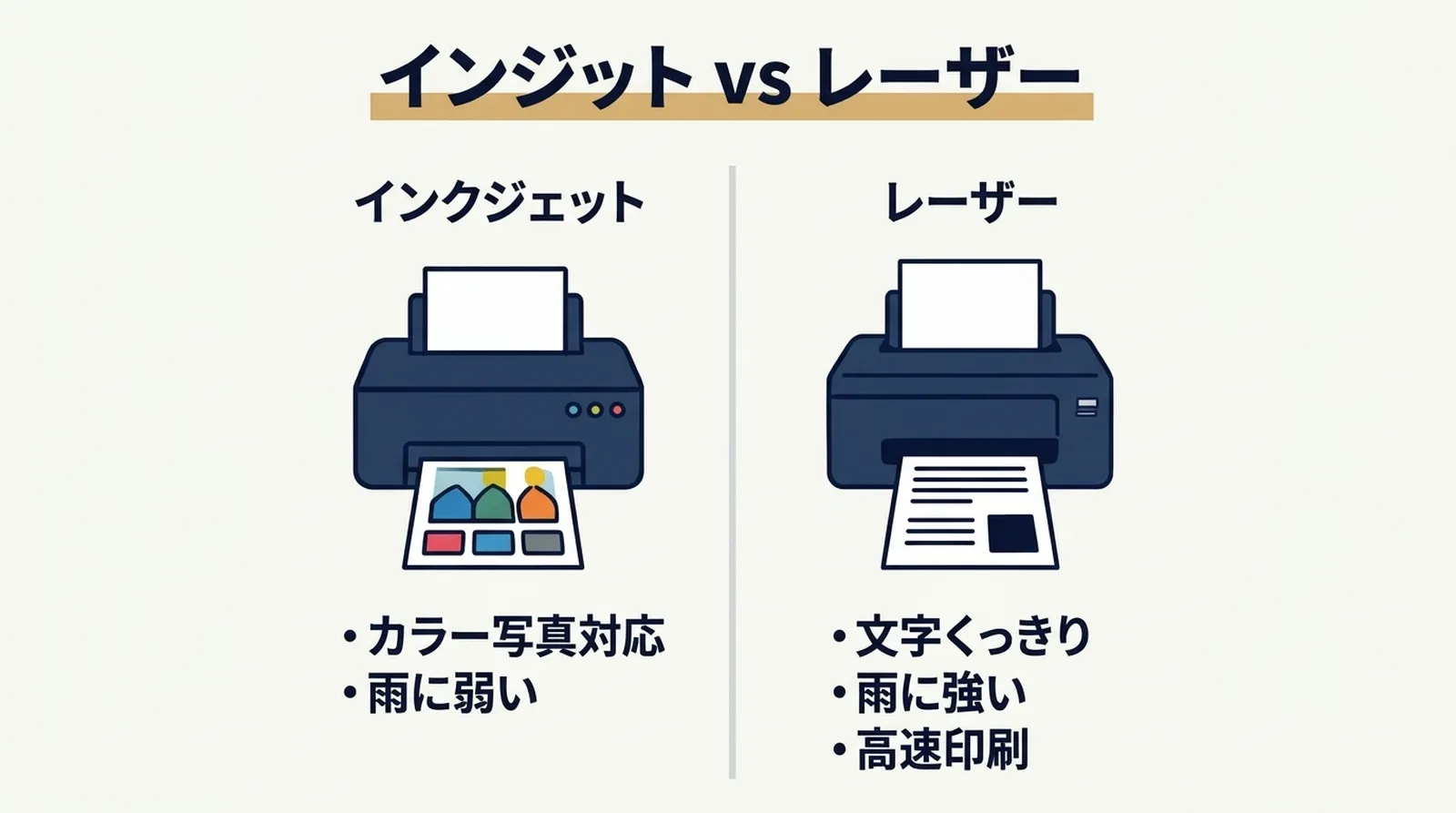 インクジェット vs レーザー。インクジェットはカラー写真対応だが雨に弱い、レーザーは文字くっきり・雨に強い・高速印刷