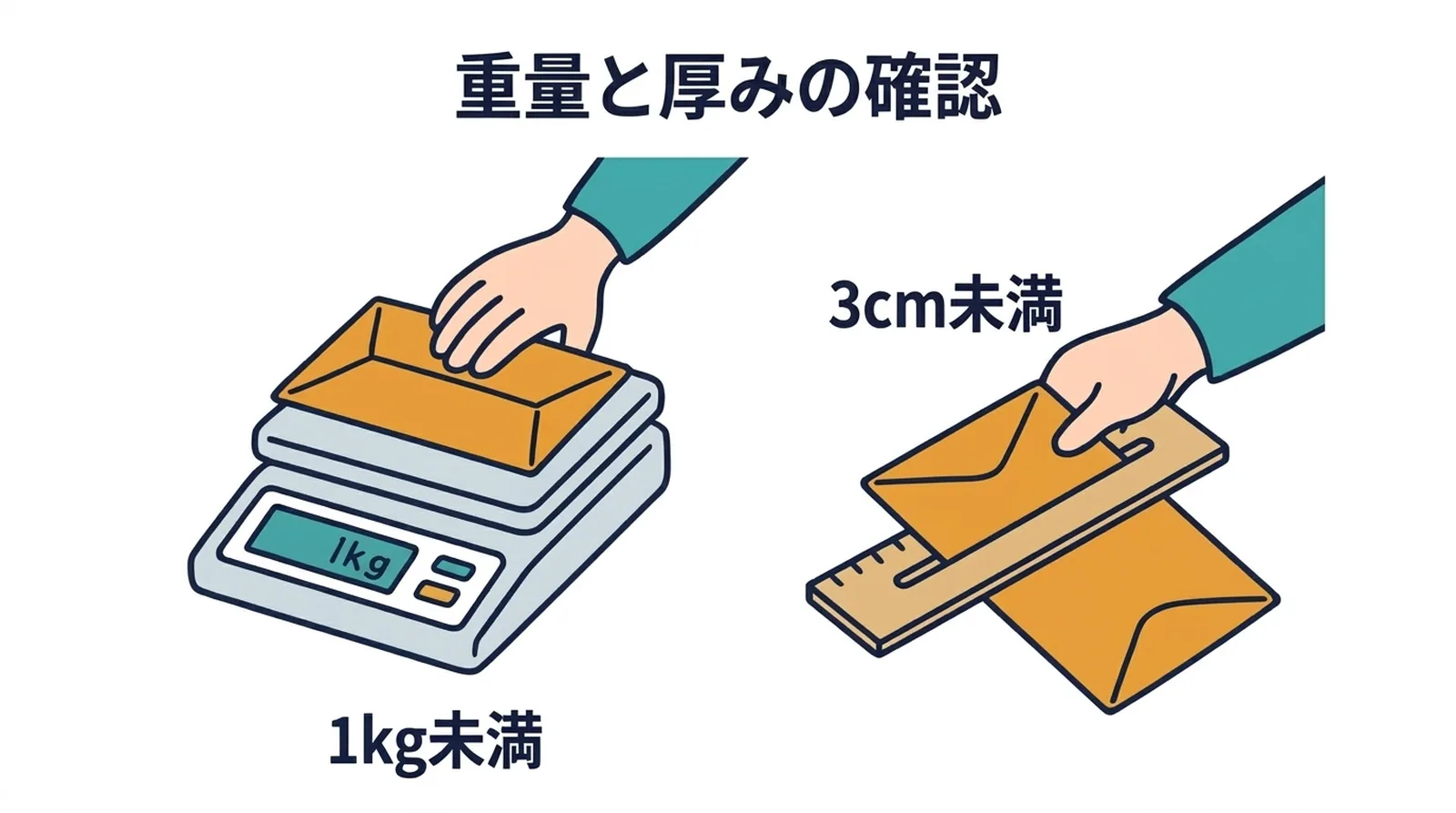 重量と厚みの確認。キッチンスケールで1kg未満を確認、厚さ測定定規で3cm未満を確認