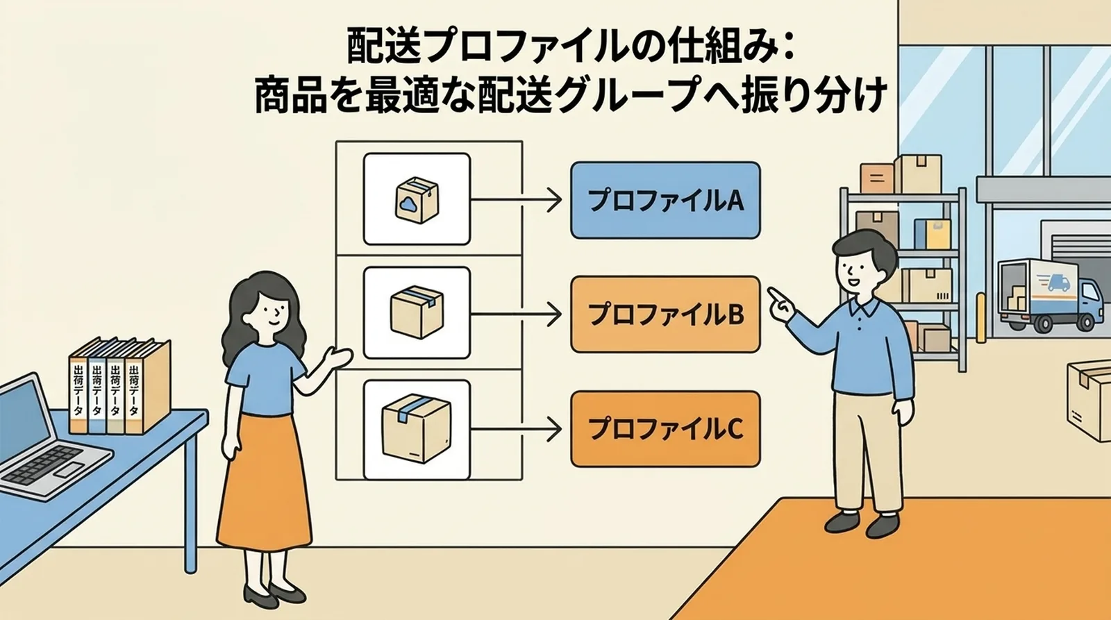複数配送方法の組み合わせ例。カートに商品を入れると、クリックポスト（ポスト投函）とゆうパック（対面受取）が自動表示される