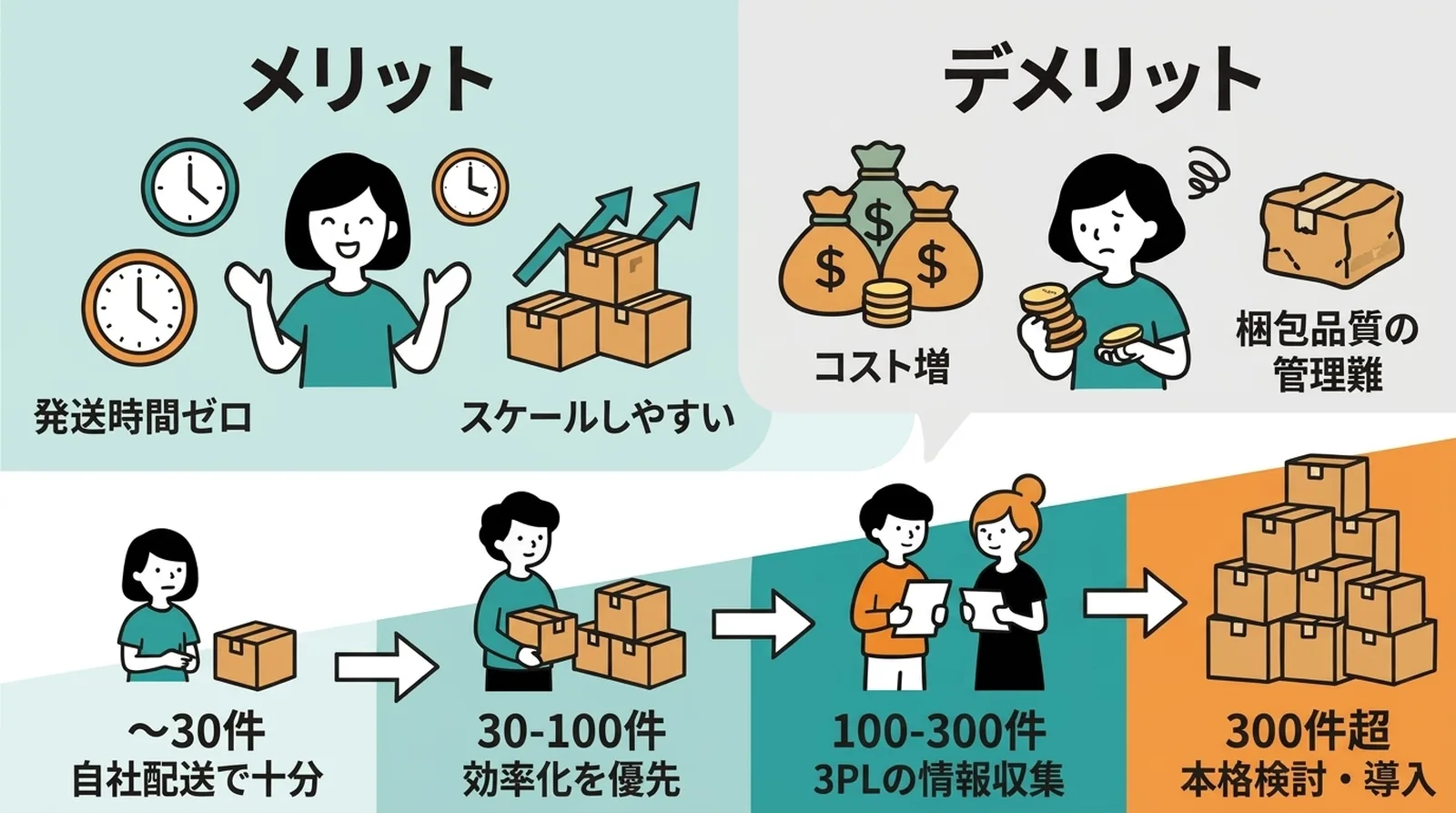 3PLのメリット（発送時間ゼロ・スケールしやすい）とデメリット（コスト増・梱包品質の管理難）。件数別の目安付き