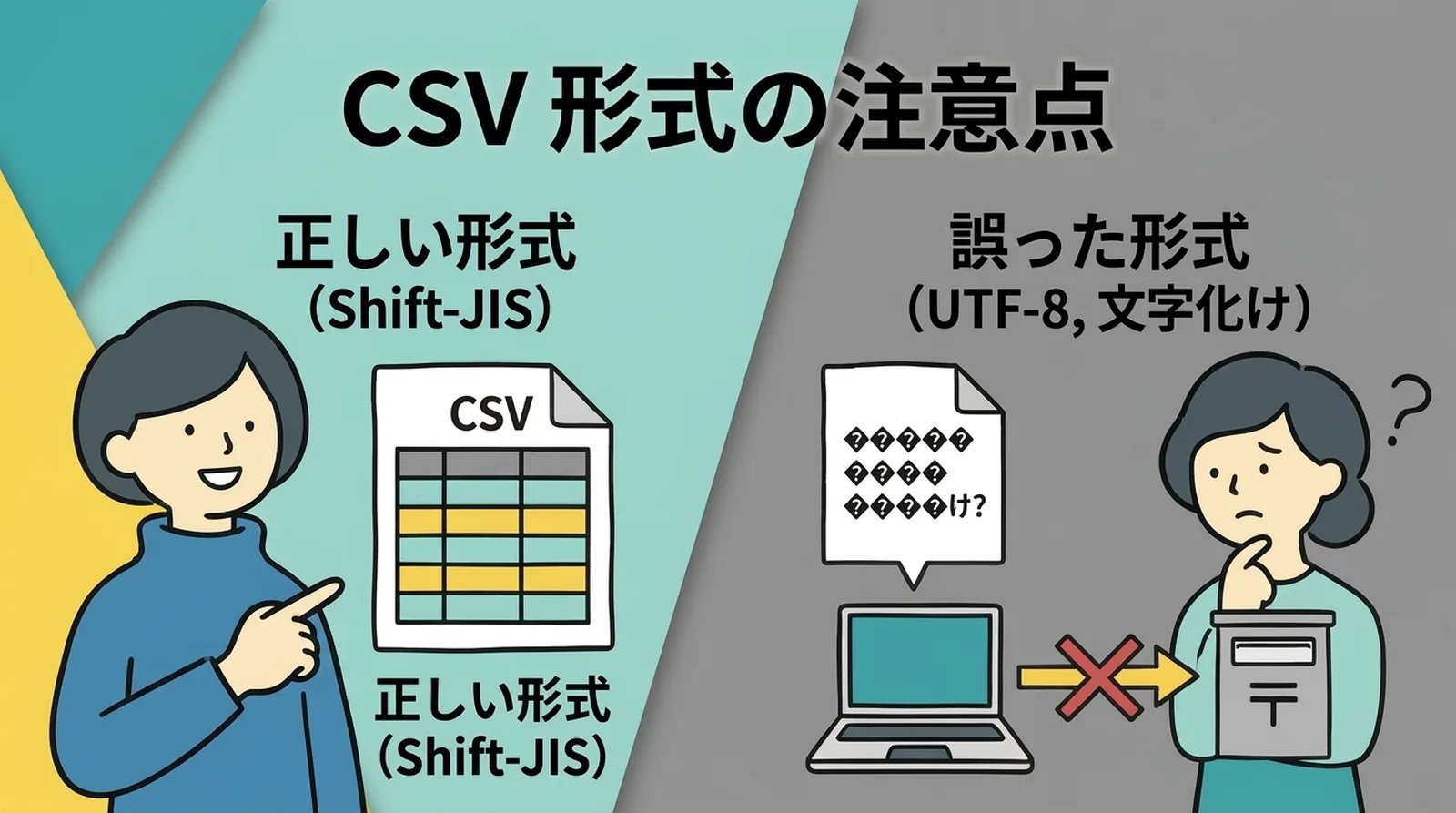 CSV形式の注意点。正しい形式（Shift-JIS）なら問題なし、誤った形式（UTF-8）だと文字化けしてクリックポストに取り込めない