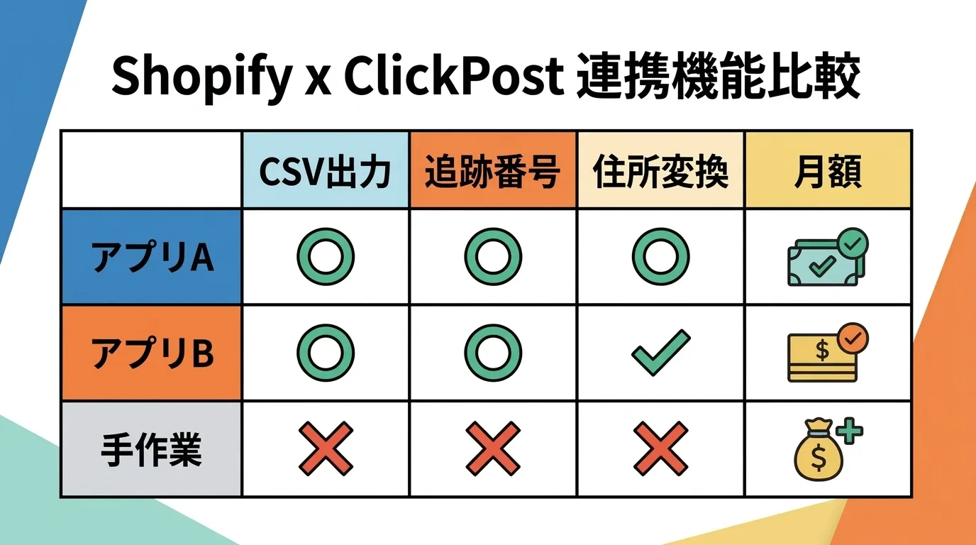 Shopify×ClickPost連携機能比較：CSV出力・追跡番号・住所変換・月額の対応状況