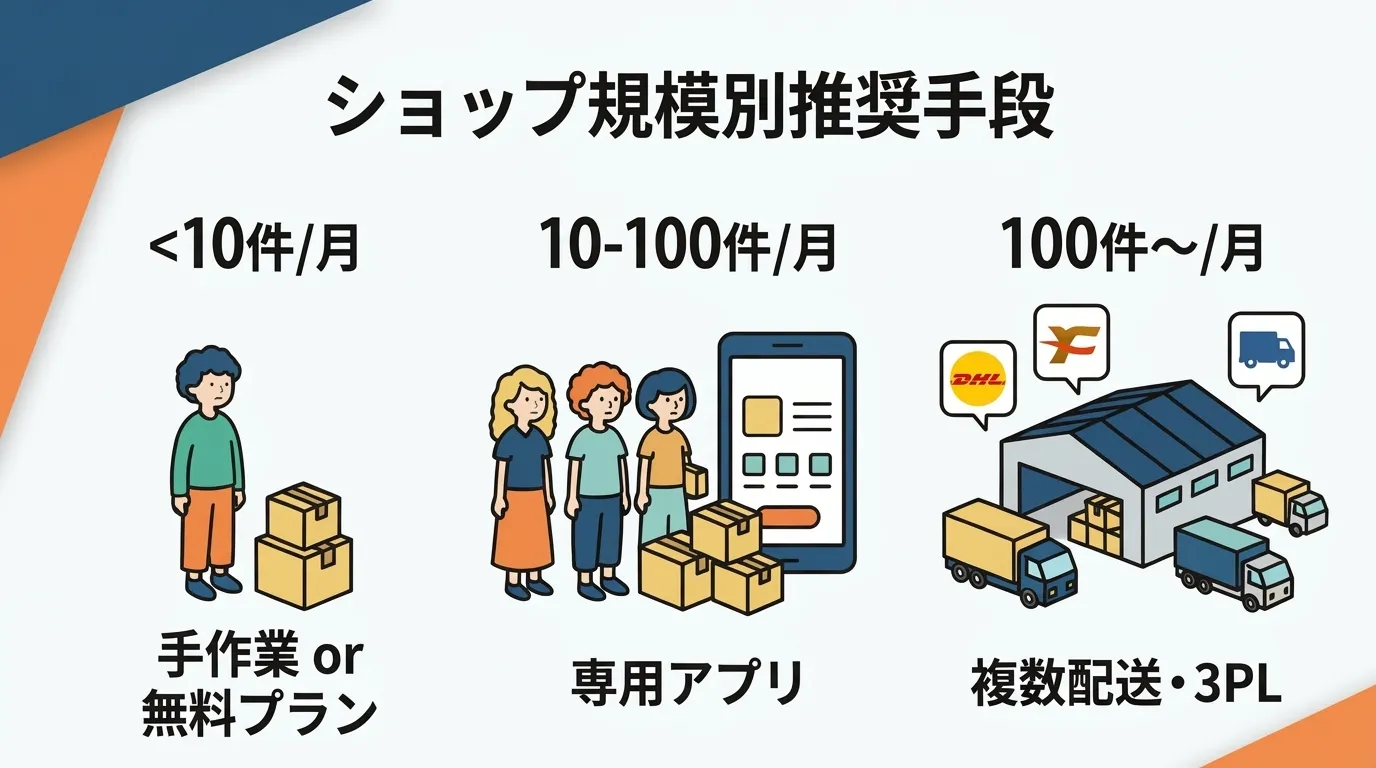 ショップ規模別推奨手段：10件以下は手作業/無料プラン、10-100件は専用アプリ、100件超は複数配送・3PL