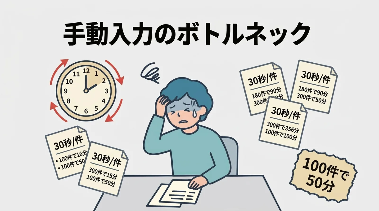 手動入力のボトルネック。1件30秒の手入力が100件で50分に膨らむ
