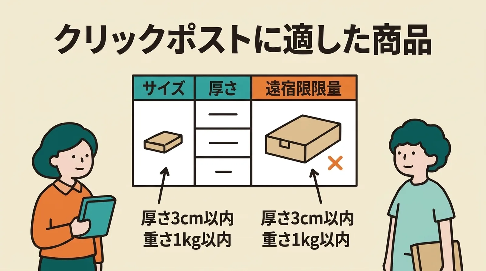クリックポストに適した商品。厚さ3cm以内・重さ1kg以内が条件、超過する商品は別の配送手段を検討