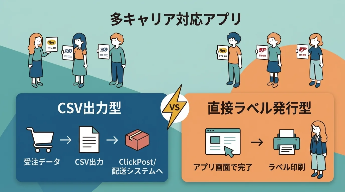 CSV出力型と送り状直接発行型の違い。CSV出力型はShopifyの注文データをCSVにしてキャリアのシステムにアップロード。直接発行型はアプリ内で送り状を作成・印刷まで完結